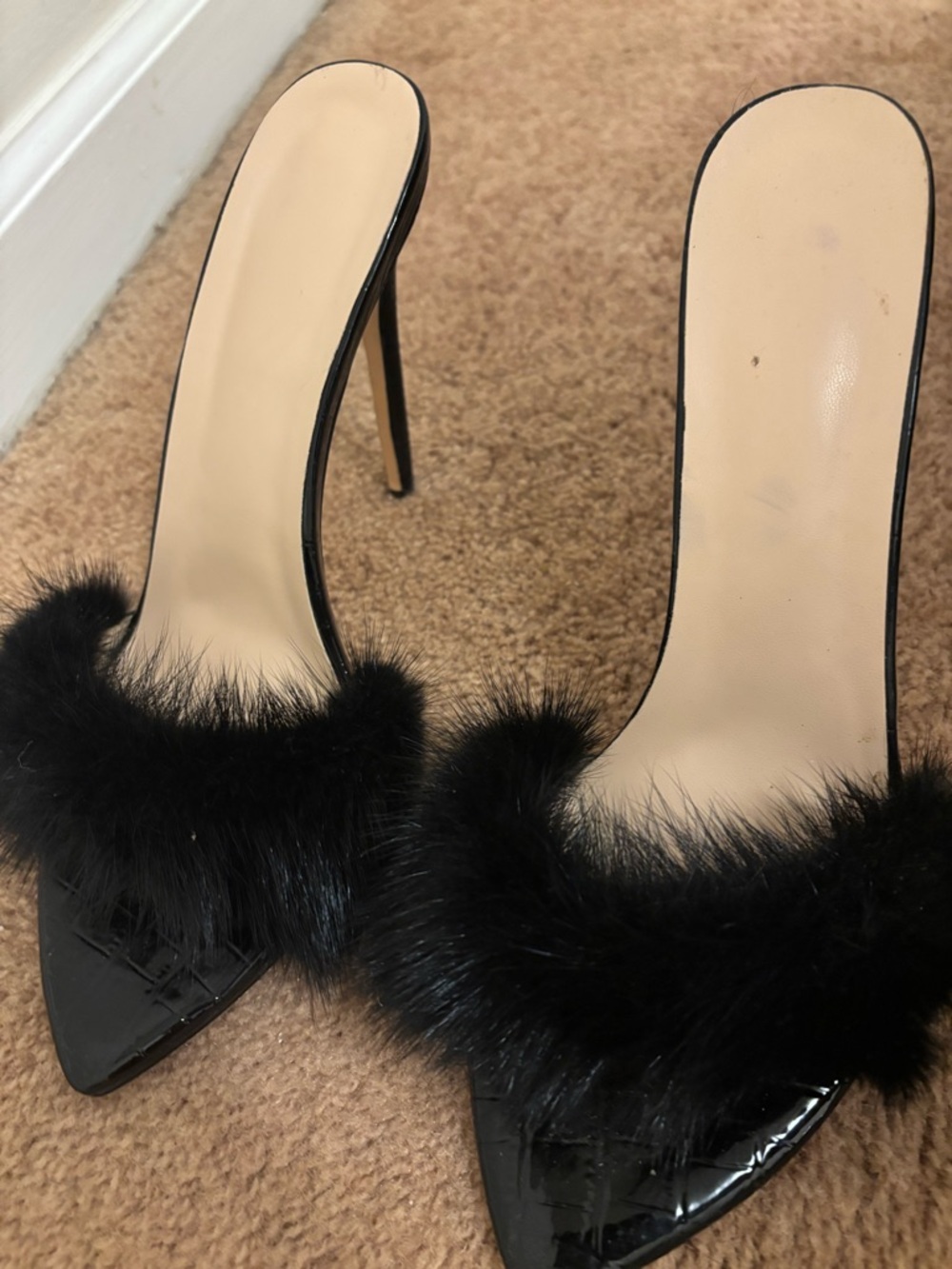 Lux Black Faux-Fur Stiletto Slide Heels - Women's Evening Pumps